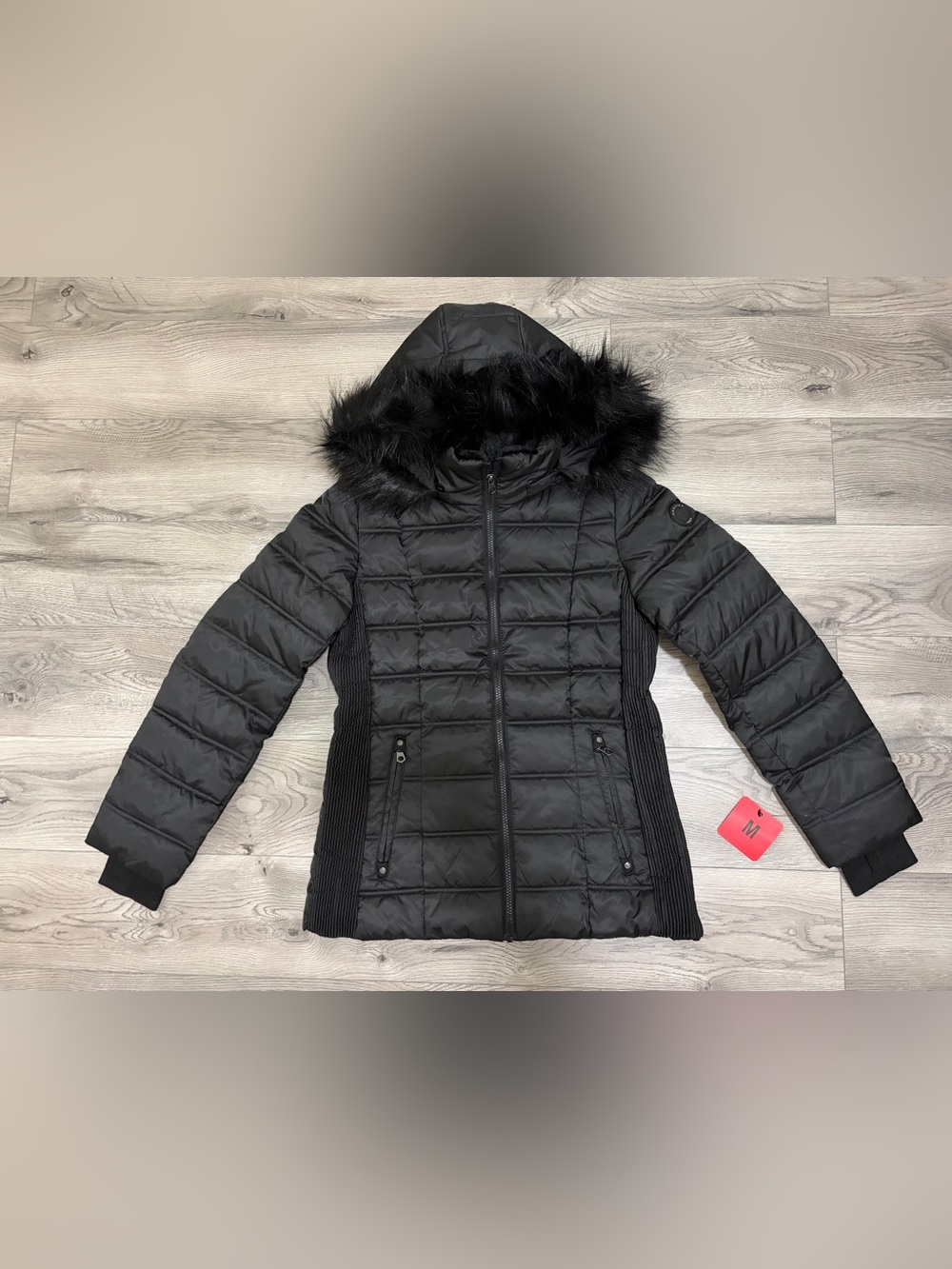Nautica Black Quilted Hooded Puffer with Faux Fur Trim